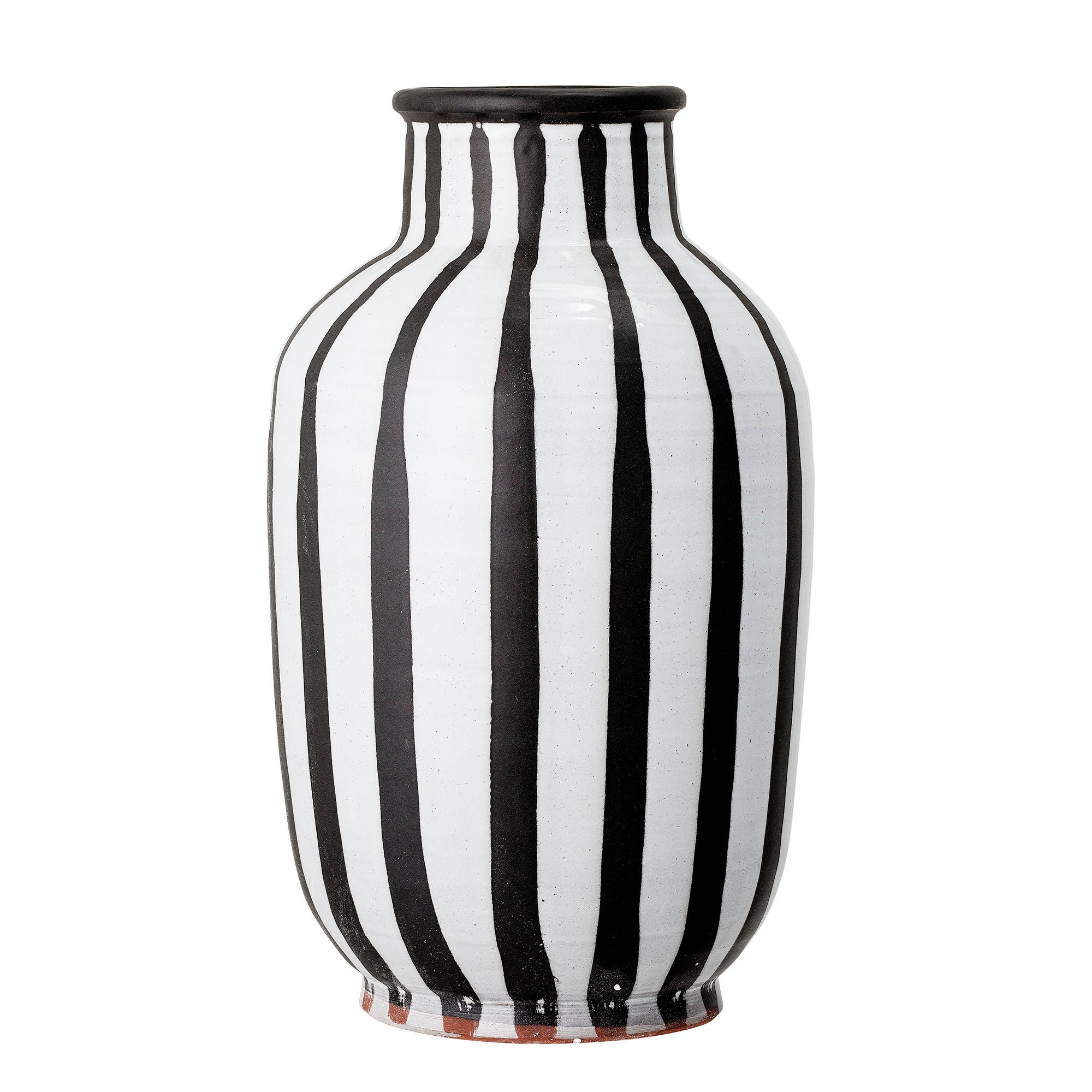 Die "Schila" Deko-Vase aus weißer Terrakotta mit einem schwarz-weißen Streifenmuster