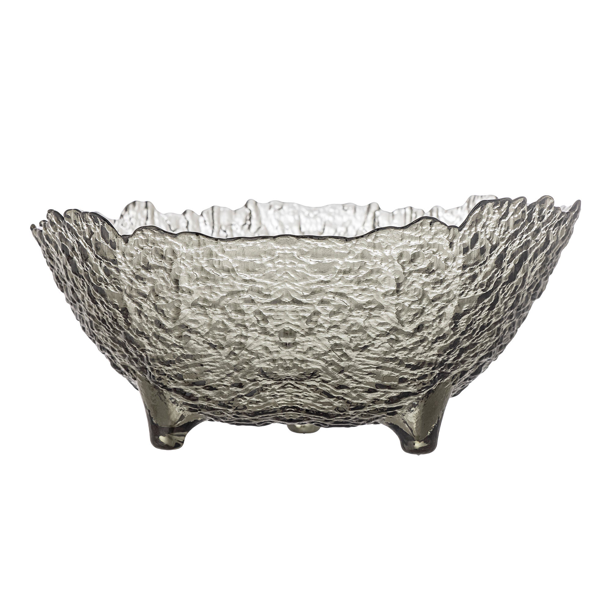 Die Catia Schale von Creative Collection aus grauem Glas besticht durch ihre detaillierte Oberfläche und kleine Füße, die eine elegante Erhöhung bieten, ideal für die Aufbewahrung von Obst und Gemüse oder als stilvolle Tischdekoration.