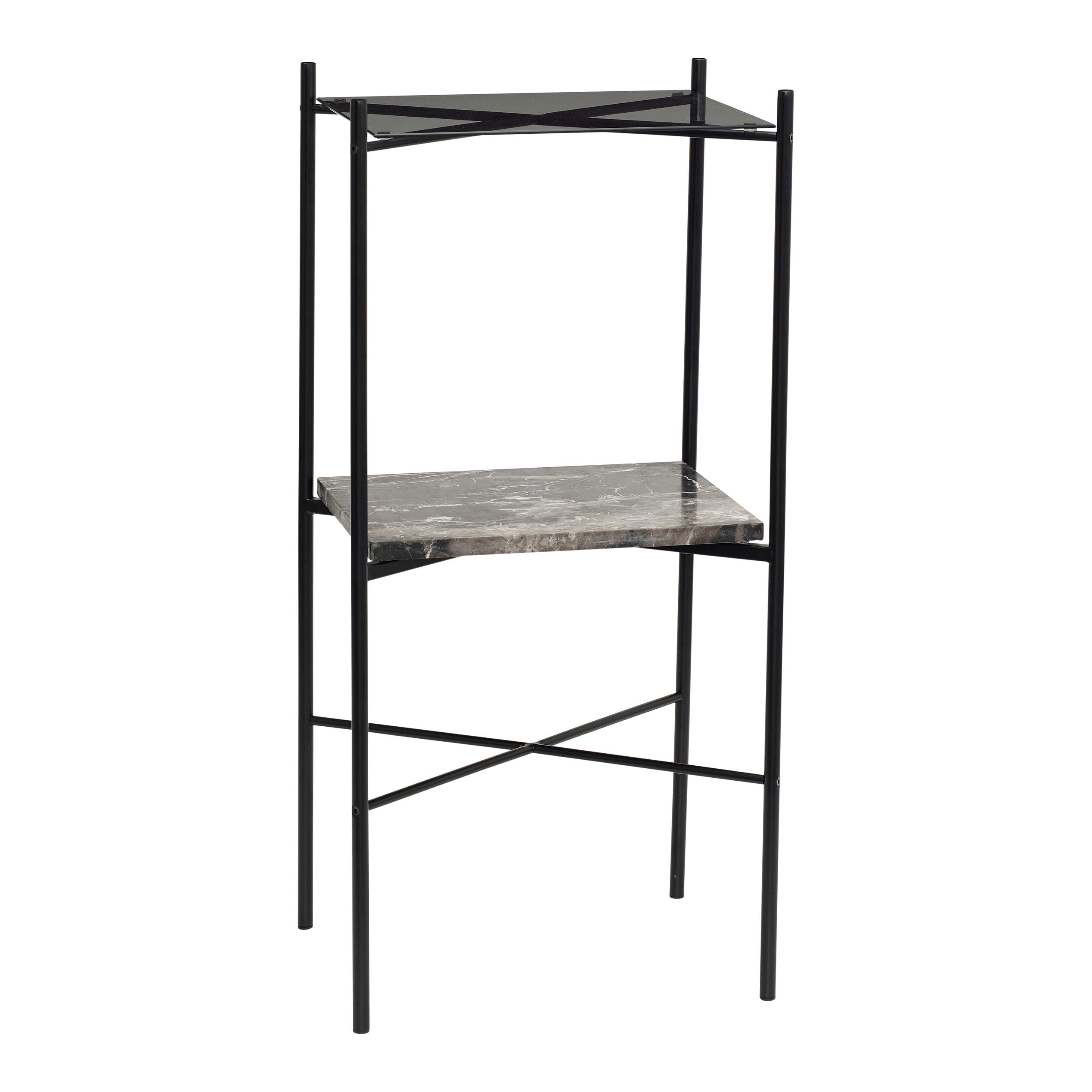 Der Konsolentisch 'Niche' in Schwarz vereint Glas, Marmor und Metall zu einem stilvollen Möbelstück mit zwei praktischen Flächen für die Aufbewahrung Ihrer Lieblingsdekorationen